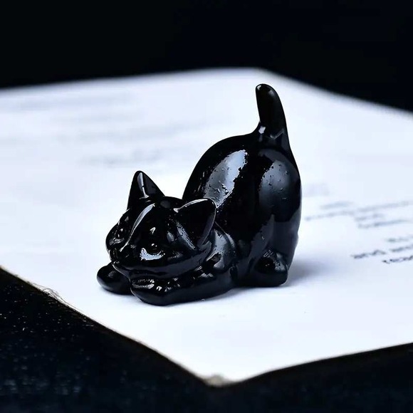 Natural Obsidian Stone Hand-carved Crouched Cat crystal reiki Figure New - Picture 1 of 1